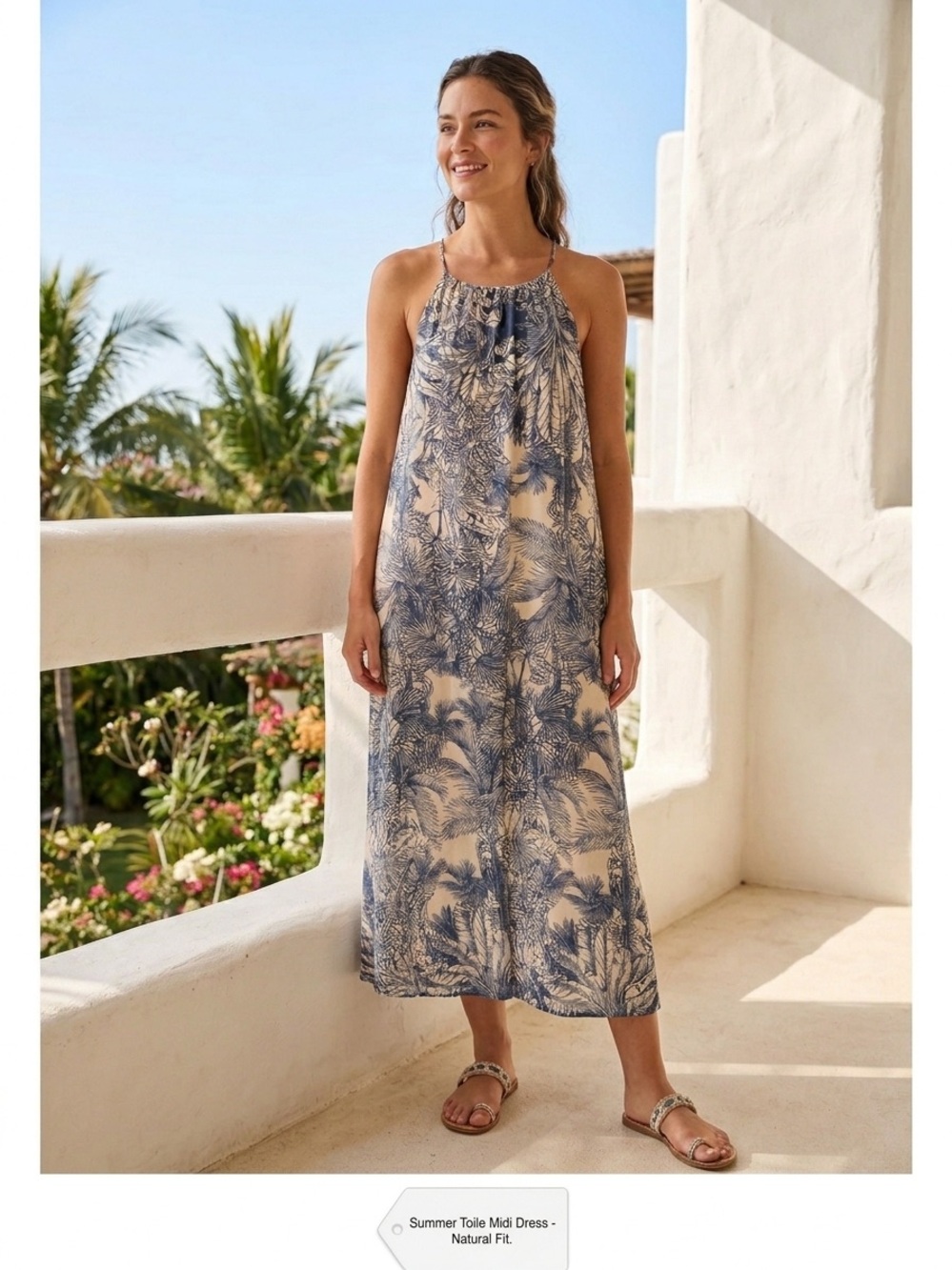 Bella Unbia made in Italy Tropical Print Halter Midi Dress in Natural & Navy